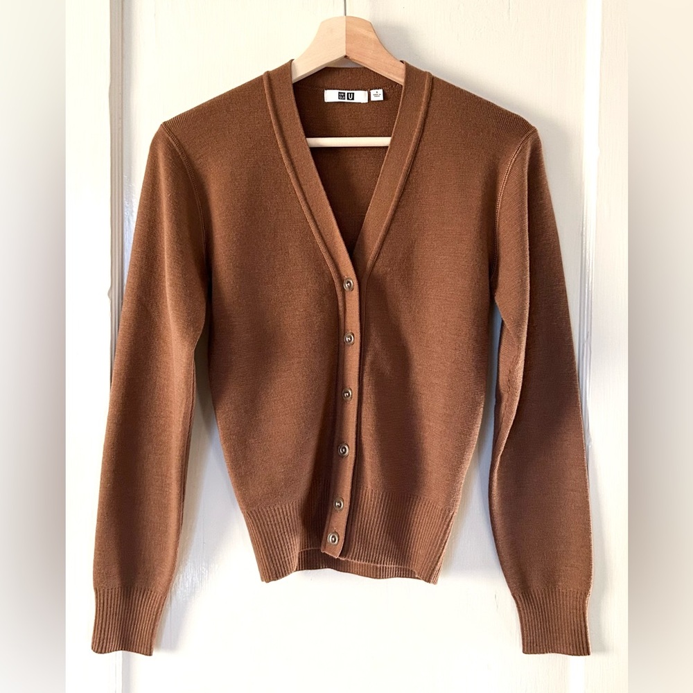 Uniqlo‎ U Wool Blend Cardigan Sweater Chestnut Brown S Quiet Luxury Basics